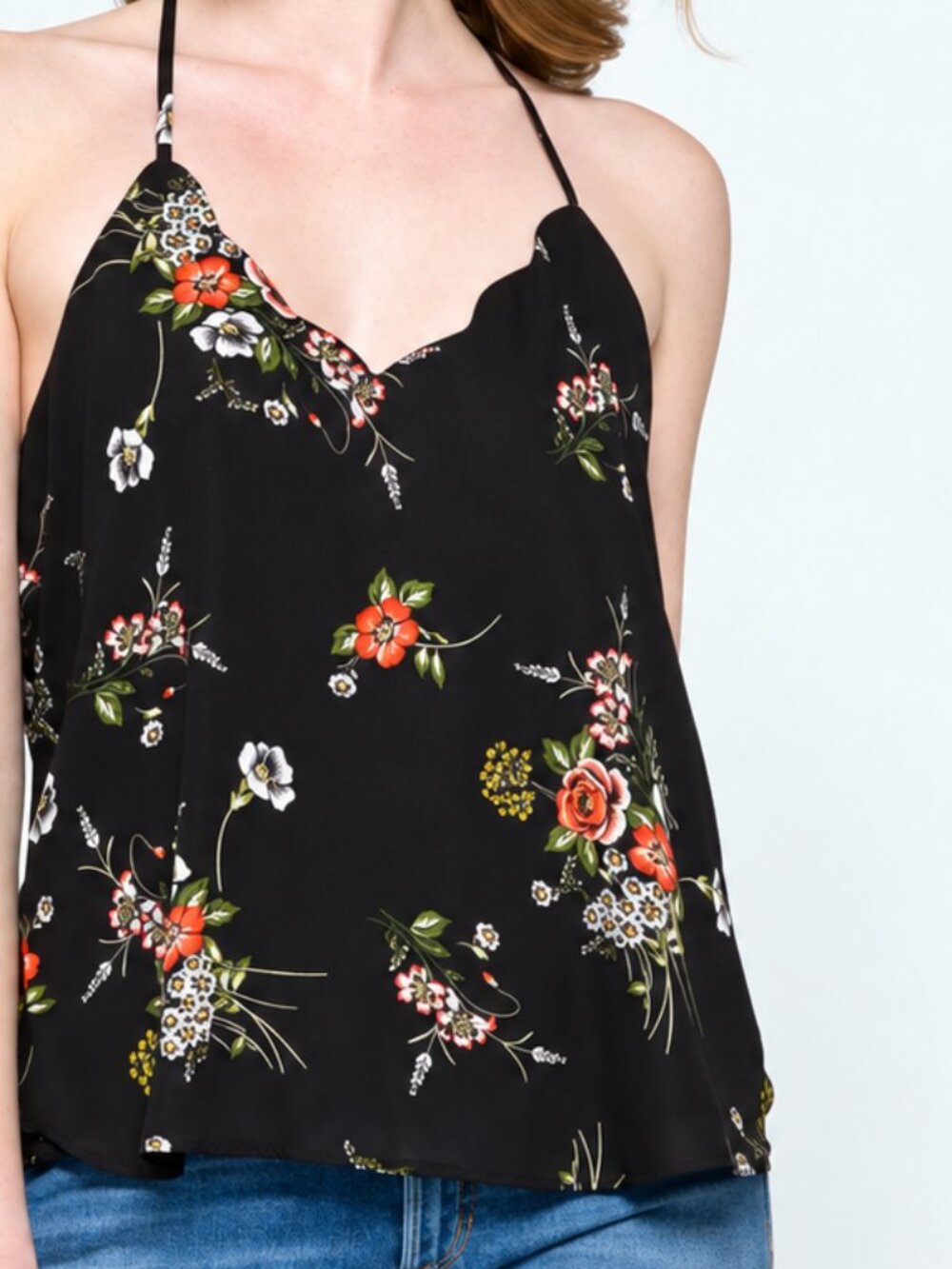 Nine Britton Black Floral Scallop Neck Cami Top Size S